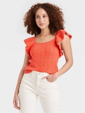 A NEW DAY. | Orange Ruffle-Sleeve Cable Knit Women's Sweater